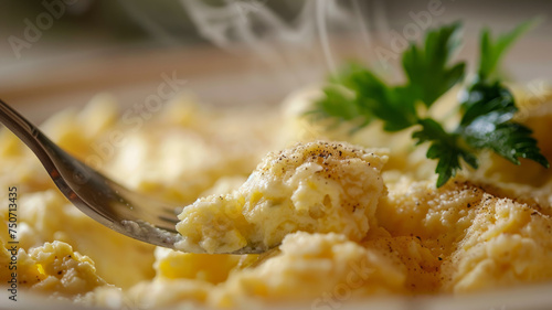 Close-up of delicious scrambled egg with fork. photo