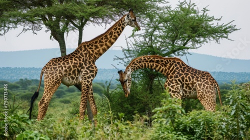 Two giraffes eating acacia leaves with a savanna background