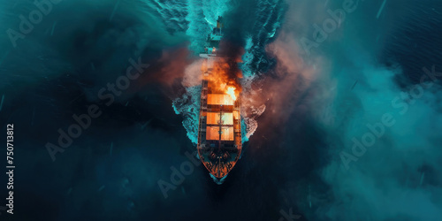 Aerial view of a ship engulfed in flames and smoke on the ocean surface photo