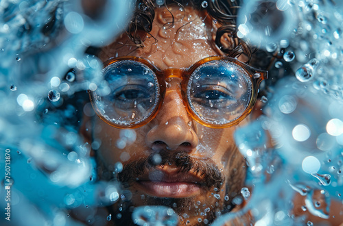 Close up of man wearing goggles underwater