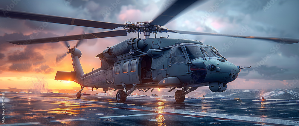 Military helicopter is on the helipad in the middle of the desert at sunset. Military helicopter is on the helipad in the middle of the desert at sunset.