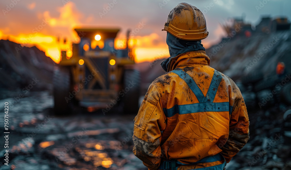 Worker is looking at the bulldozer and excavator working in coal mine Worker is looking at the bulldozer and excavator working in coal mine