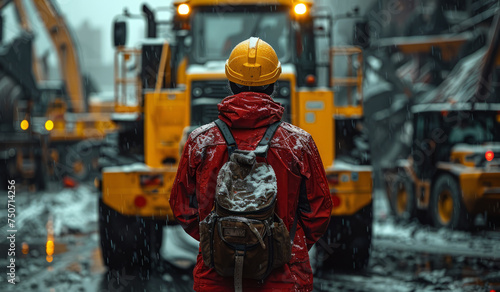 Construction worker stands in the rain with hard hat and red jacket.