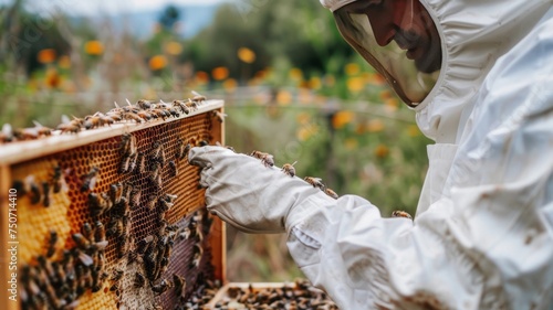 Portrait of a male beekeeper working in a protective suit and mask near beehives with bees. A middle aged apiary worker collecting honey from a honeycomb. Beekeeping concept.