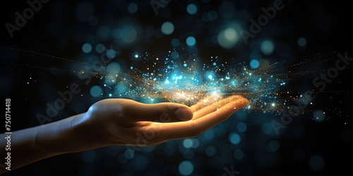 Hand touching a spinning vortex of data and light particles, data flow and processing visualisation backgrounds