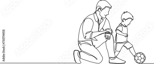 continuous single line drawing of dad and young son playing with soccer ball, line art vector illustration