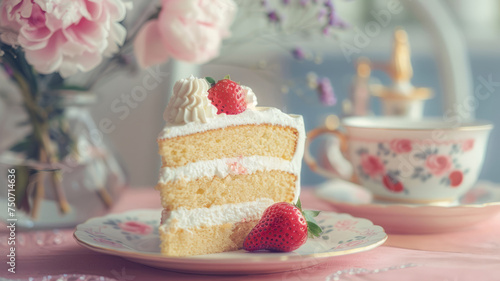 A delicious slice of strawberry cream cake.