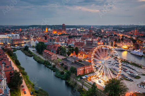 Aerial landscape of the Granaries island by the Motlawa river in Gdansk, Poland.