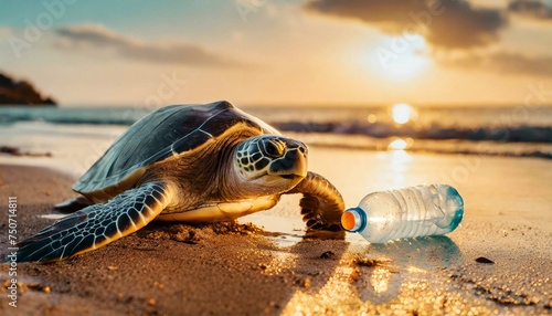 Close-up of a sea turtle near a plastic bottle abandoned on the shore of a sandy beach. Concept of endangered species due to plastic and micro plastic pollution in water. Generative Ai.