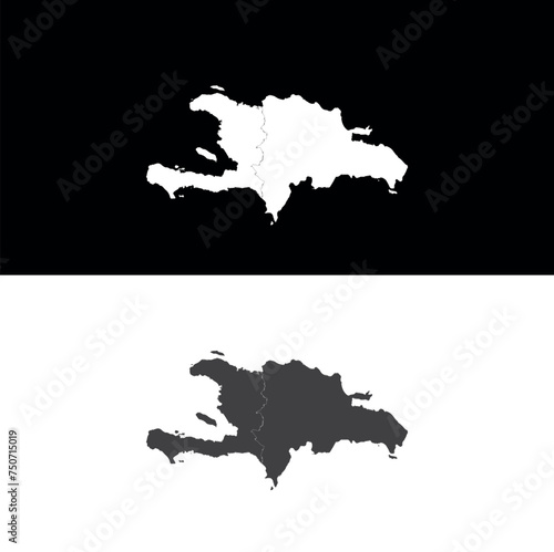 Hispaniola political map, also San Domingo. Haiti and Dominican Republic with capitals Port-au-Prince and Santo Domingo, in the Caribbean island group. Gray illustration with English labeling. Vector.