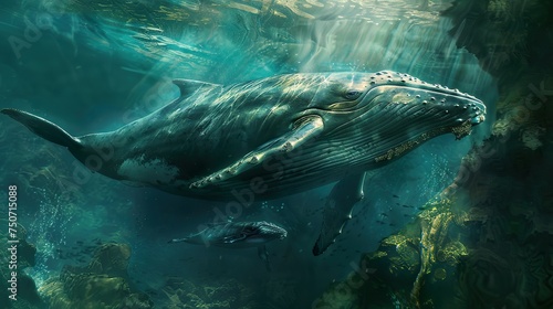 a humpback is swimming underwater with a calf blue tone photo