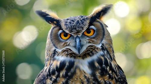 close up photo of an owl standing looking at the camera with forest background © Instacraft.Studio