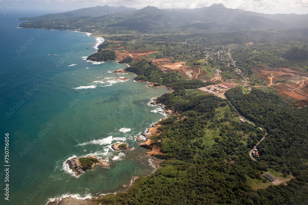 An aerial view of the coastline of Dominica
