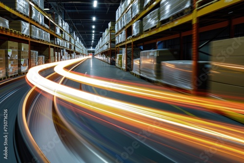 a long exposure shot. Highlight the seamless flow of goods through a warehouse or assembly line, creating graceful trails of movement