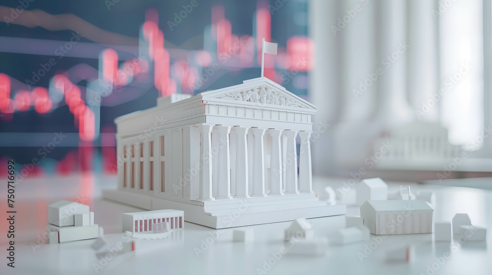 bank model on the table with stock market background, financial institutions that control monetary and fiscal policy and interest rate - obrazy, fototapety, plakaty 