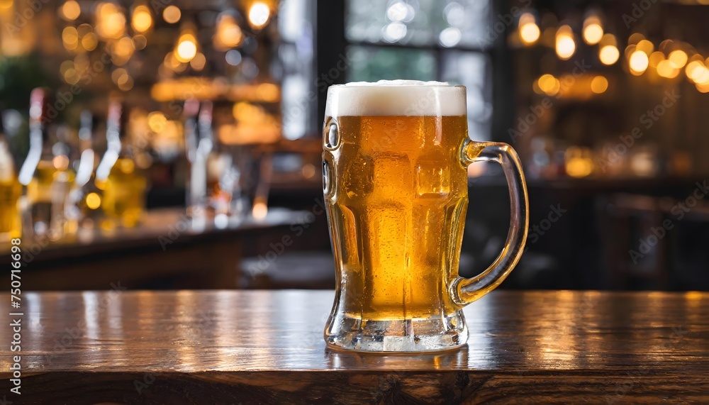 Close-up of a mug of beer on the wooden counter of a bar or pub with a warm golden atmosphere. Close-up of a mug of beer on the wooden counter of a bar or pub with a warm golden atmosphere.