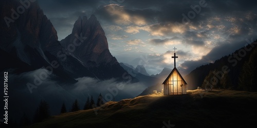 Incredible view on small iIlluminated chapel - Kapelle Ciapela on Gardena Pass, Italian Dolomites mountains. photo