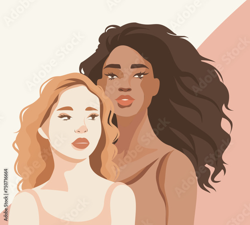 Vector banner in beige pastel colors for International Women's Day, women of different cultures and nationalities. Vector concept of movement for gender equality and women's empowerment