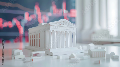 bank model on the table with stock market background, financial institutions that control monetary and fiscal policy and interest rate photo