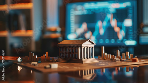 bank model on the table with stock market background, financial institutions that control monetary and fiscal policy and interest rate