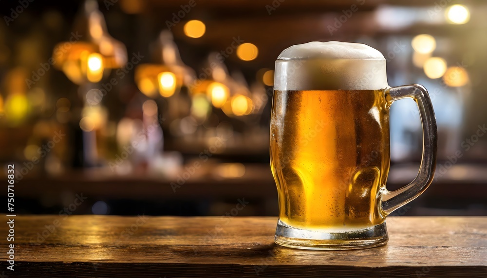Close-up of a mug of beer on the wooden counter of a bar or pub with a warm golden atmosphere.