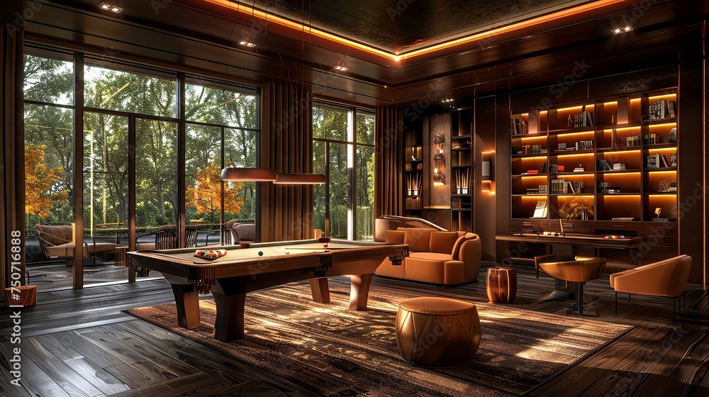 Elegant entertainment space featuring a high-end billiard table and plush seating in a serene setting - obrazy, fototapety, plakaty 