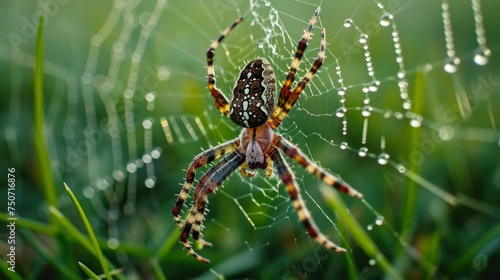 The spider is on the web, making a nest on the green grass with dew on the grass