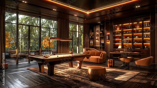 Elegant entertainment space featuring a high-end billiard table and plush seating in a serene setting