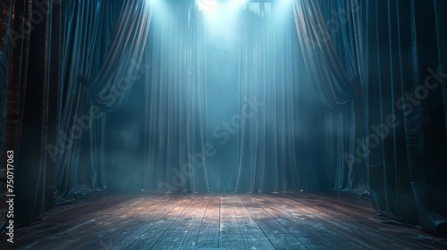 Stage awaits behind plush drapes, spotlight's soft hum photo