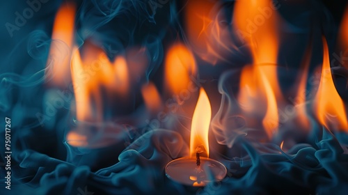 A tealight candle flame enveloped in swirls of smoke against a dark background, evokes mystery and meditation, ideal for themes related to spirituality, wellness, and the ephemeral nature of life