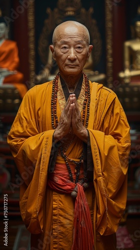old chinese monk in yellow robes standing in prayer