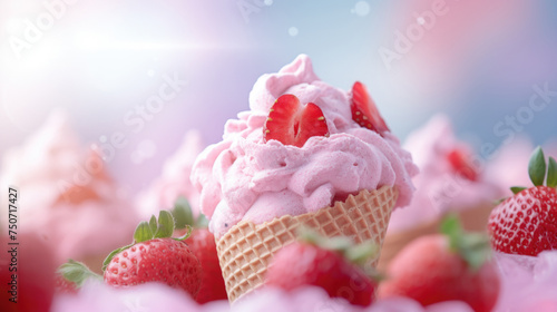 Strawberry pink ice cream with flying berries ingredients, blue sky background