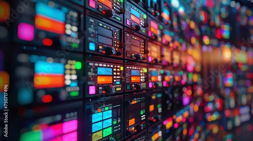 Behind the scenes view of a broadcast control room, filled with multicolored calibration screens