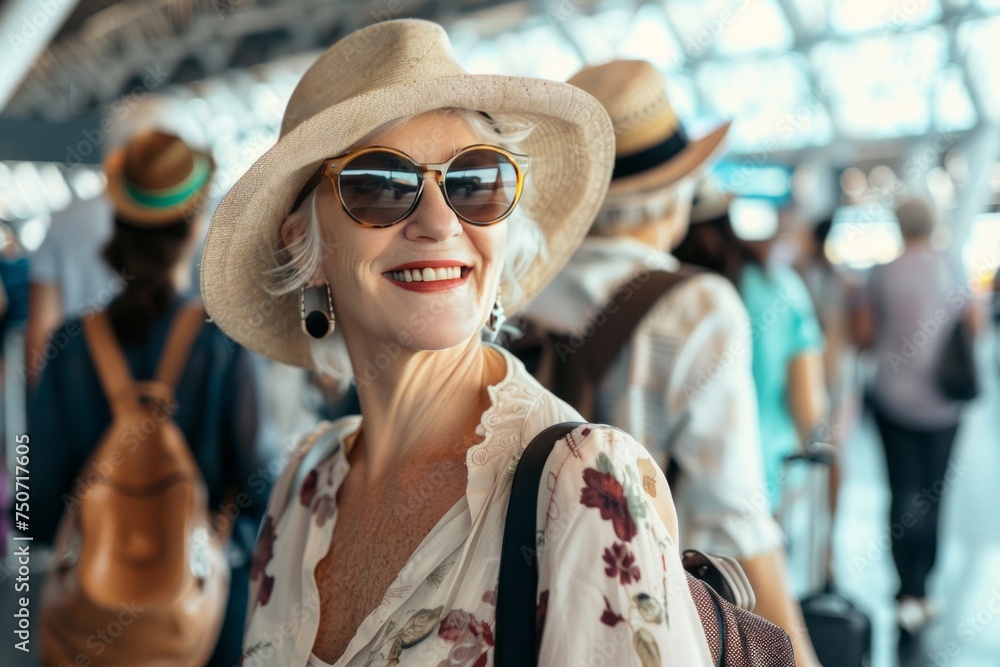Close-up portrait of a senior Caucasian female traveler at the airport. Charming elderly woman wearing nice hat and sunglasses is going on vacation trip. Tourism and active lifestyle for retirees. Close-up portrait of a senior Caucasian female traveler at the airport. Charming elderly woman wearing nice hat and sunglasses is going on vacation trip. Tourism and active lifestyle for retirees.
