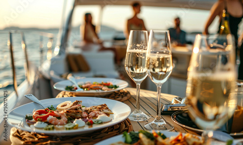 close up of glass of champagne and food on yacht. party holiday vacation on yacht at the sea ocean.