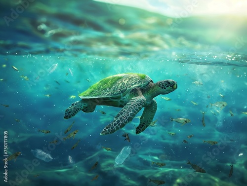 A sea turtle navigates through water cluttered with plastic waste, highlighting environmental concerns