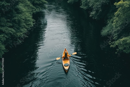 A person effortlessly canoeing down a serene river © PixelPioneerX