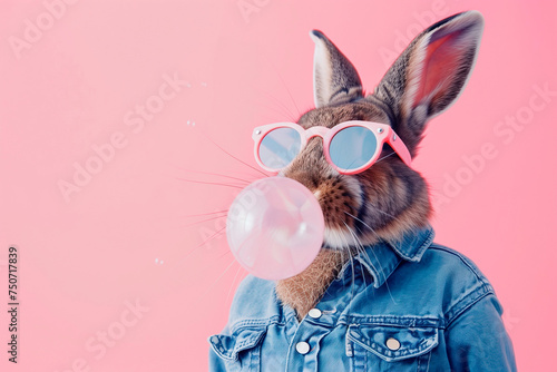 A stylish bunny in a denim jacket and sunglasses blowing a pink bubble gum bubble photo