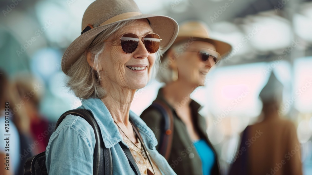 Close-up portrait of a senior Caucasian female traveler at the airport. Charming elderly woman wearing nice hat and sunglasses is going on vacation trip. Tourism and active lifestyle for retirees. - obrazy, fototapety, plakaty 