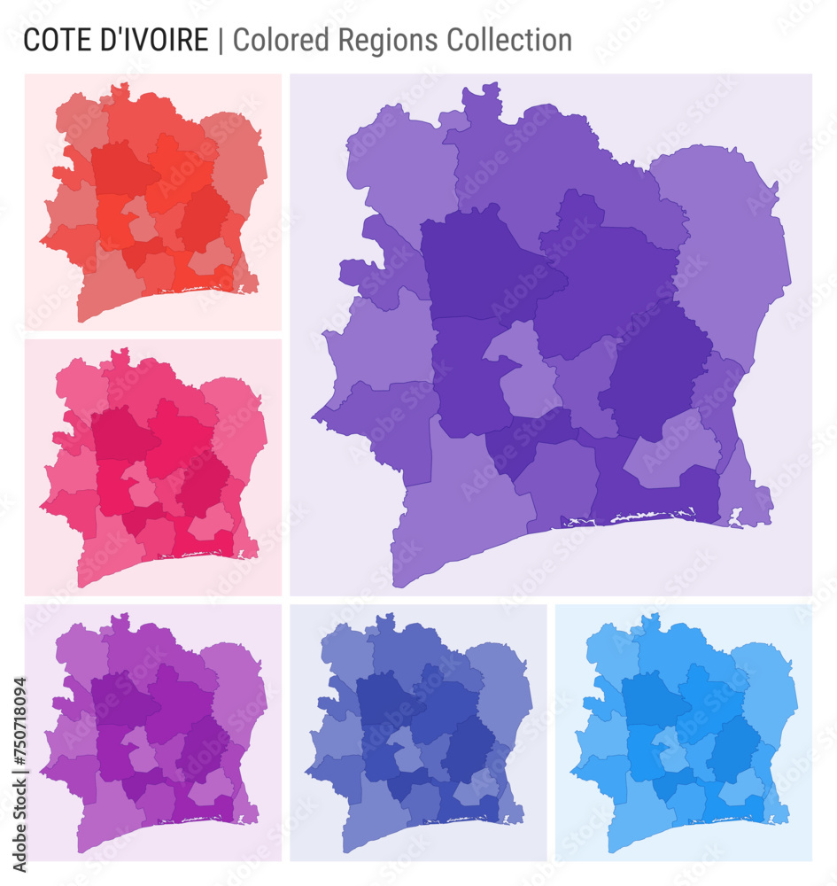 Ivory Coast map collection. Country shape with colored regions. Deep Purple, Red, Pink, Purple, Indigo, Blue color palettes. Border of Ivory Coast with provinces for your infographic.
