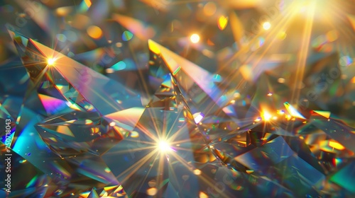 Luminous crystal facets shimmering brilliantly in a dance of refracted light beams photo