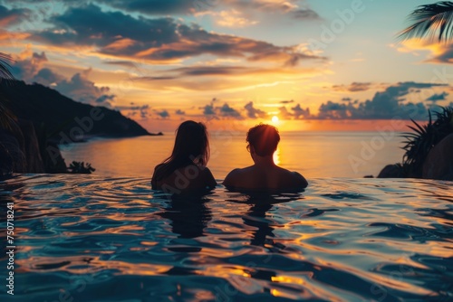 Luxurious beach resort view from the perspective of a vacationing couple, stunning sunset, the epitome of relaxation and luxury travel   © YamunaART