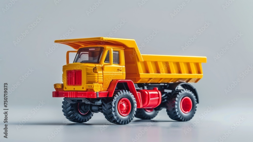 Fototapeta premium Child's bright yellow and red toy dump truck on a white background