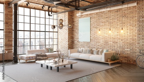 A modern loft living room with a couch, a coffee table