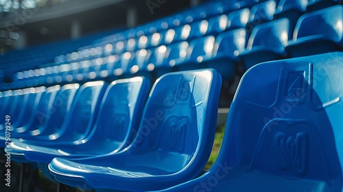 Bright afternoon at a sports arena with empty blue spectator chairs