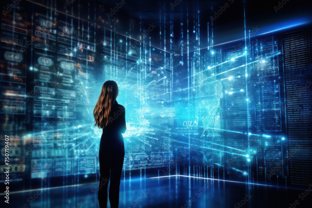 Deep machine learning innovation technology concept. Woman engineer stay before digital virtual screen. Artificial Intelligence. Data mining science. Deep machine learning innovation technology concept. Woman engineer stay before digital virtual screen. Artificial Intelligence. Data mining science.