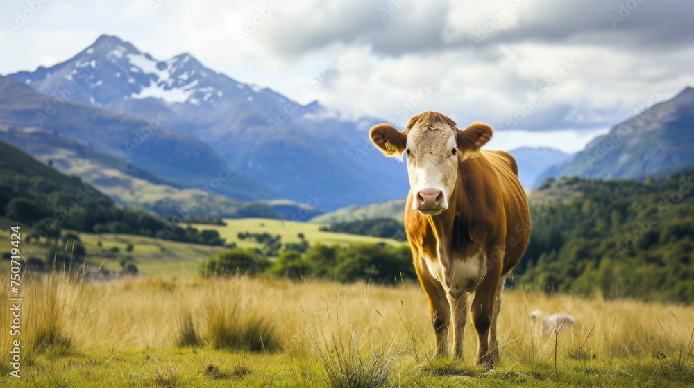 brown cow standing on green savanna with high mountain background
