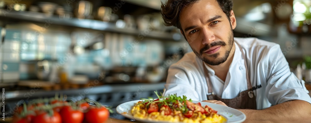 Omelette: A Tempting Breakfast Dish Prepared by a Male Middle Eastern Chef in a Busy Kitchen. Concept Breakfast Cooking, Male Chef, Middle Eastern Cuisine, Busy Kitchen, Omelette Recipe