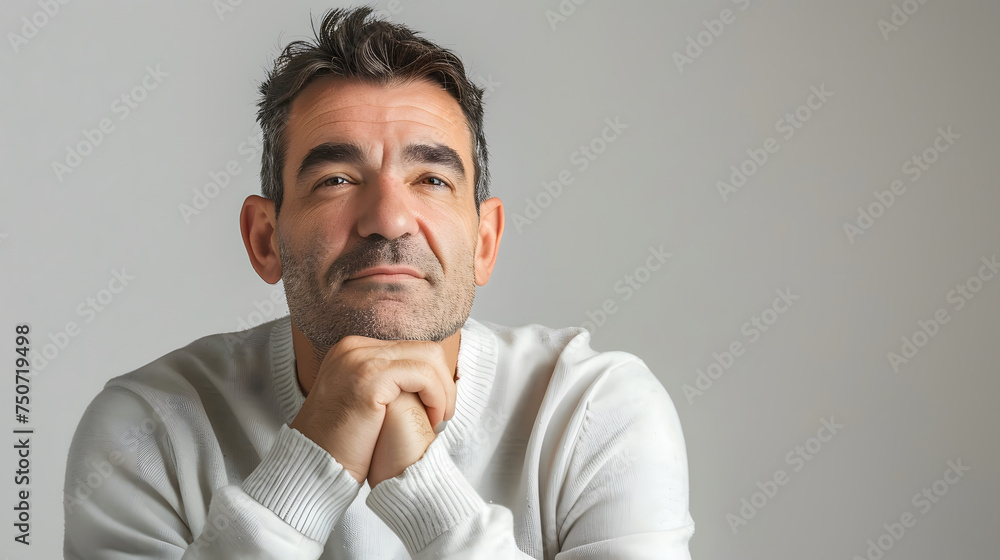 Obraz premium A close-up portrait of a thoughtful man with a thinking expression on gray background.