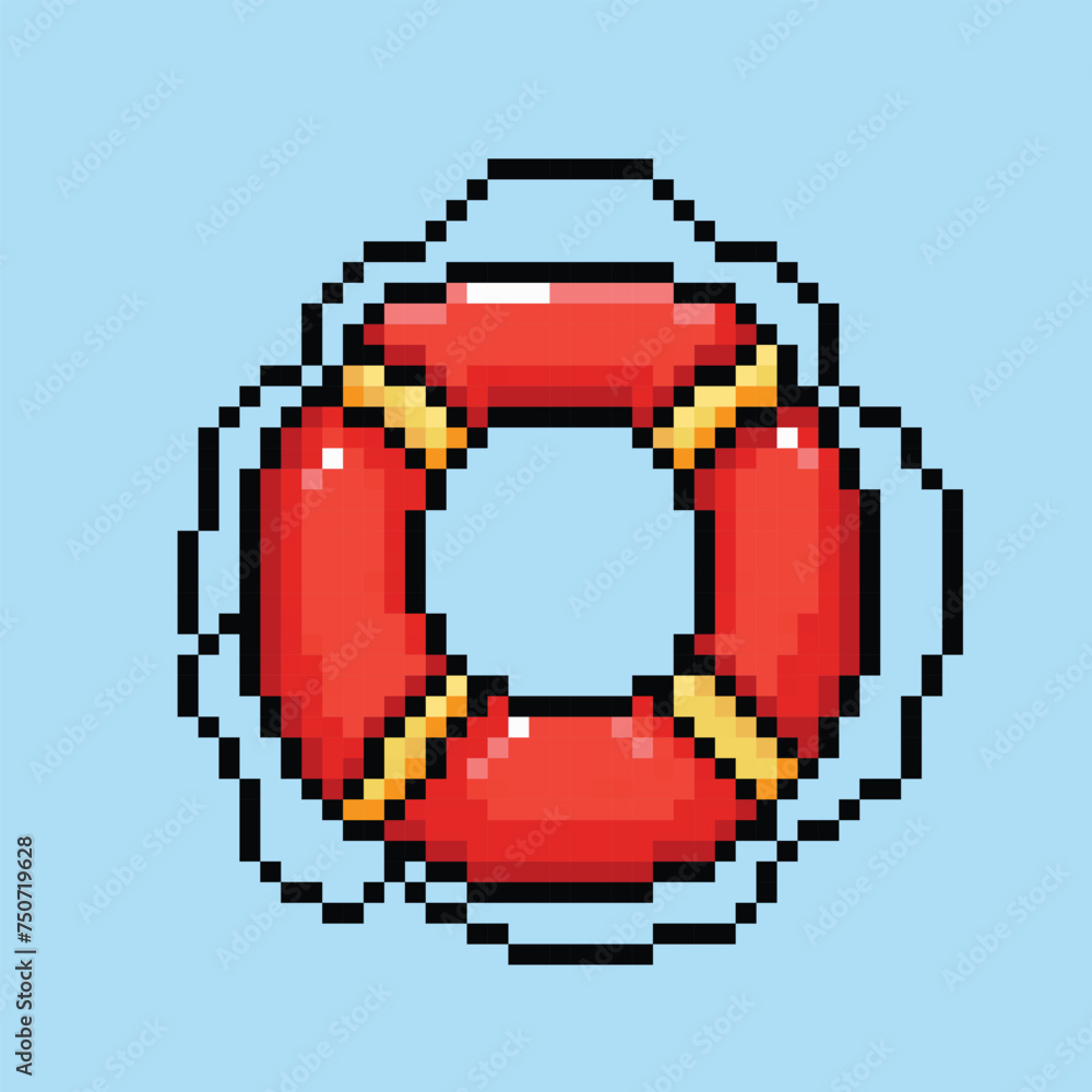 Obraz premium Red and yellow ring buoy tire float. Ban renang. Pixel art retro vintage video game bit vector illustration. Simple flat cartoon art styled drawing isolated on square background.